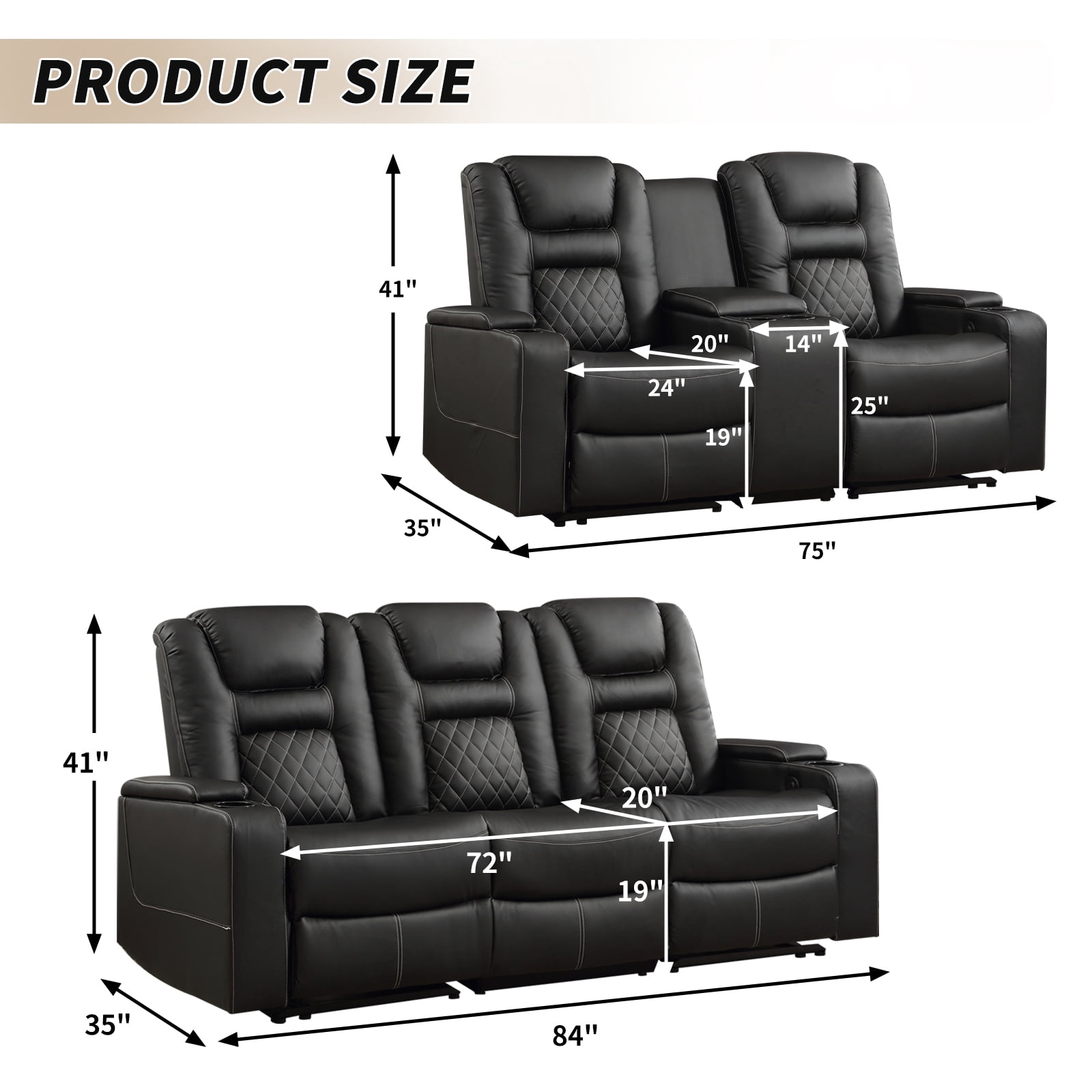 Bonzy Home Electric Power Recliner Chairs Sofa Set Theater Seating with Console Living Room Furniture Set, Cup Holders, Hidden Arm Storage, USB Ports Black