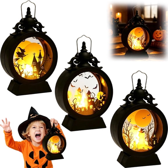 3 Pcs Halloween LED Lantern Lights with Spooky Silhouette Small Vintage Style Lantern Decorative Lamp for Halloween Home Indoor Outdoor Bar Decoration, 6.7 Inch, Random Style