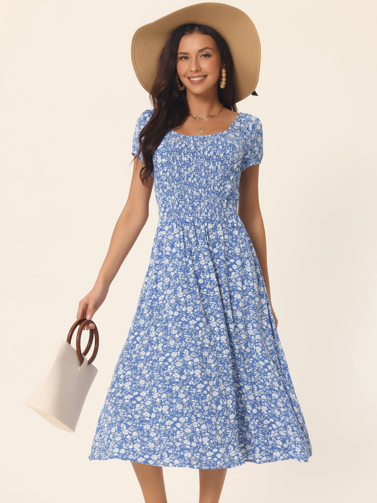 DARING DIVA Crew Neck Short Sleeve Midi Floral Blouse L Blue