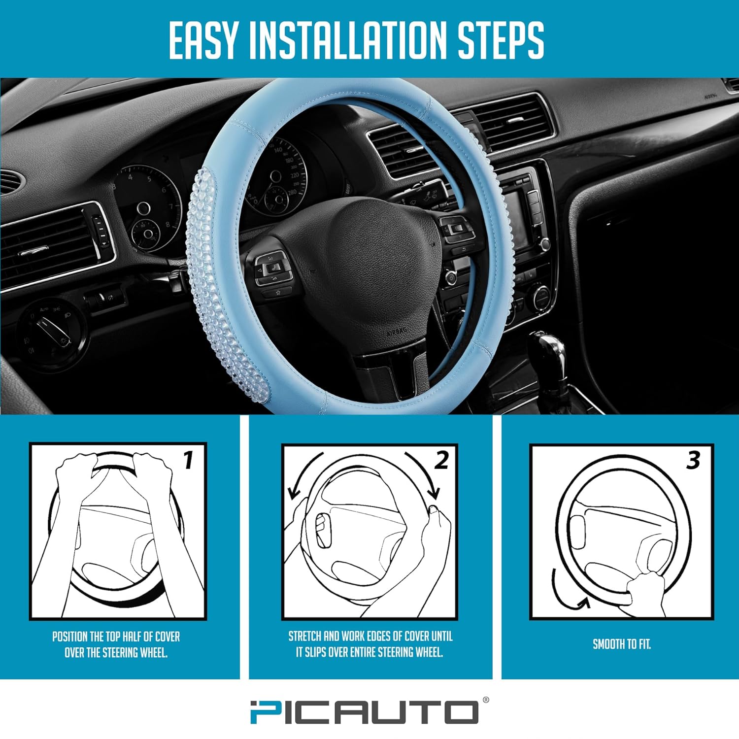 Gel Particles Steering Wheel Cover, Blue Luxury Leather Car Steering Wheel Protector, Universal Fit 14.5"-15.5" Anti-Slip Car Interior Accessories for Girls & Womenn