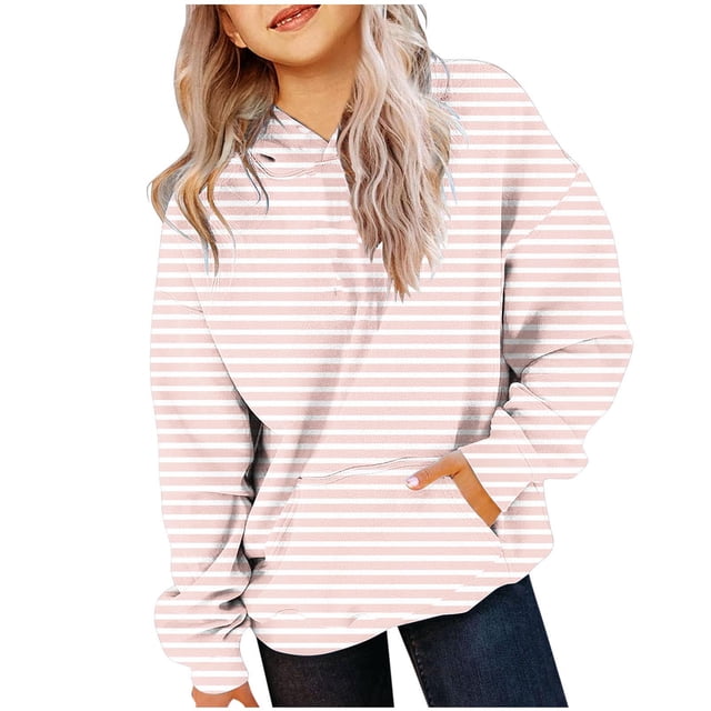 RXIRUCGD Chandails en Molleton à Capuche pour Filles et Tout-Petits, Chemises Décontractées à Manches Longues, Col Rond, Rayures, Pull-Over, Chandail en Molleton Rose pour Filles Taille 3-4 Ans