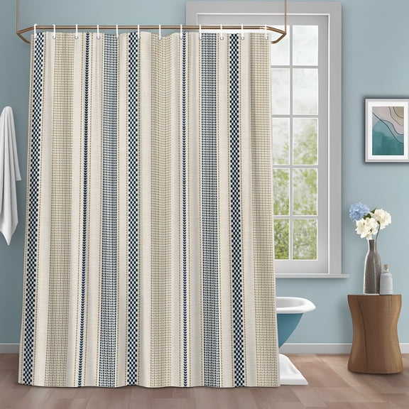 Vintage Striped Shower Curtain with Hooks, Navy Blue Brown Vertical Ticking Stripes French Country Sturdy Water Repellent Shower Curtains for Bathroom Bathtub, Machine Washable Curtains 60x72 Inch