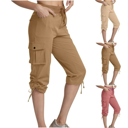 Htigea Clearance Cargo Capri Pants for Women High Waisted Fit Elastic Waist Casual Capris Trousers Cropped Pants Clearance Sale Beige S