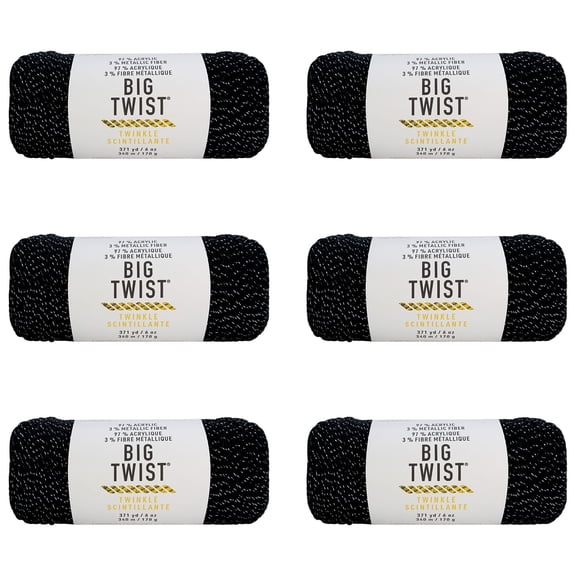 Big Twist Twinkle Yarn, Medium Worsted Sparkle Acrylic Blend, Assorted Colors, 6 oz. Skein, 6-Pack