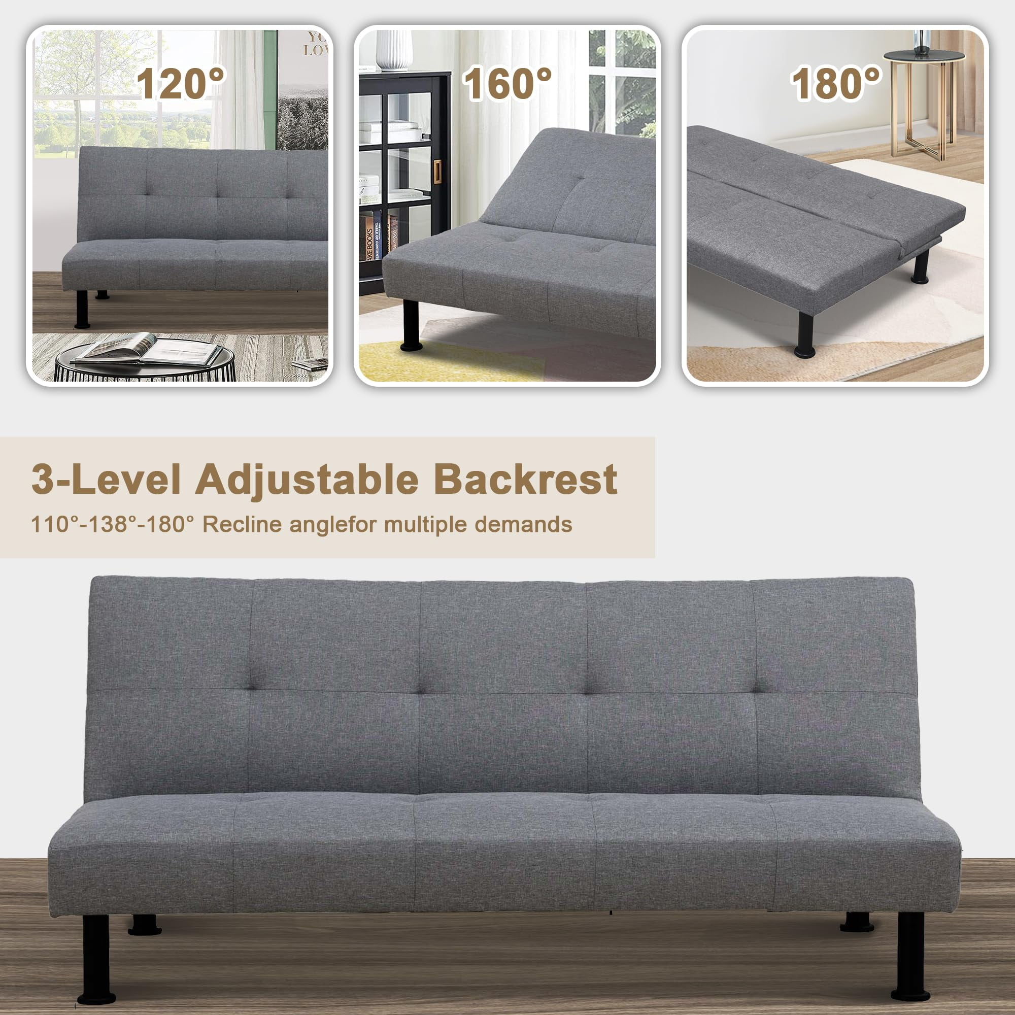 Aukfa Modern Futon Convertible Sofa Bed for Home Office, Tufted Back, Linen, Gray