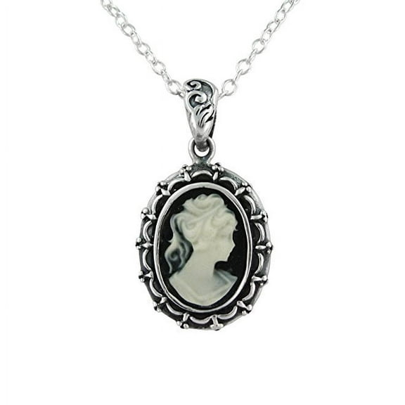 Sterling Silver Picture Frame Resin Cameo Necklace, Black