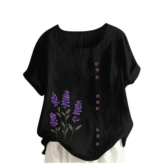 JTZGDY Plus Size Women Cotton and Linen Shirts Loose Lightweight Casual Floral Printed Summer Short Sleeve Oversized Crewneck Graphic T-Shirts Button Decor Blouse Black L