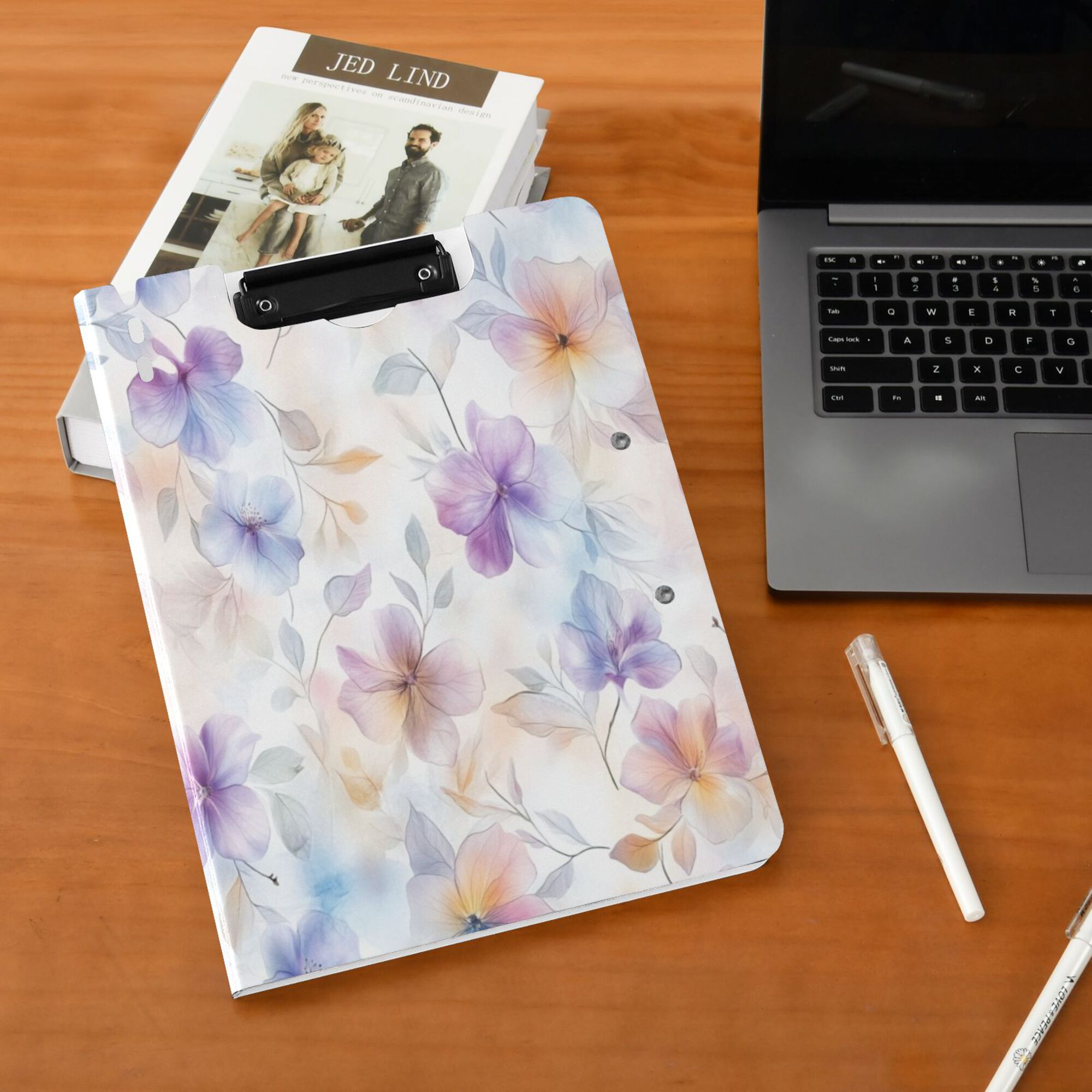 FORMRS A4 Clipboard Folder with Pen Holder Horizontal Foldable School Office Binder, Purple Flower Pattern