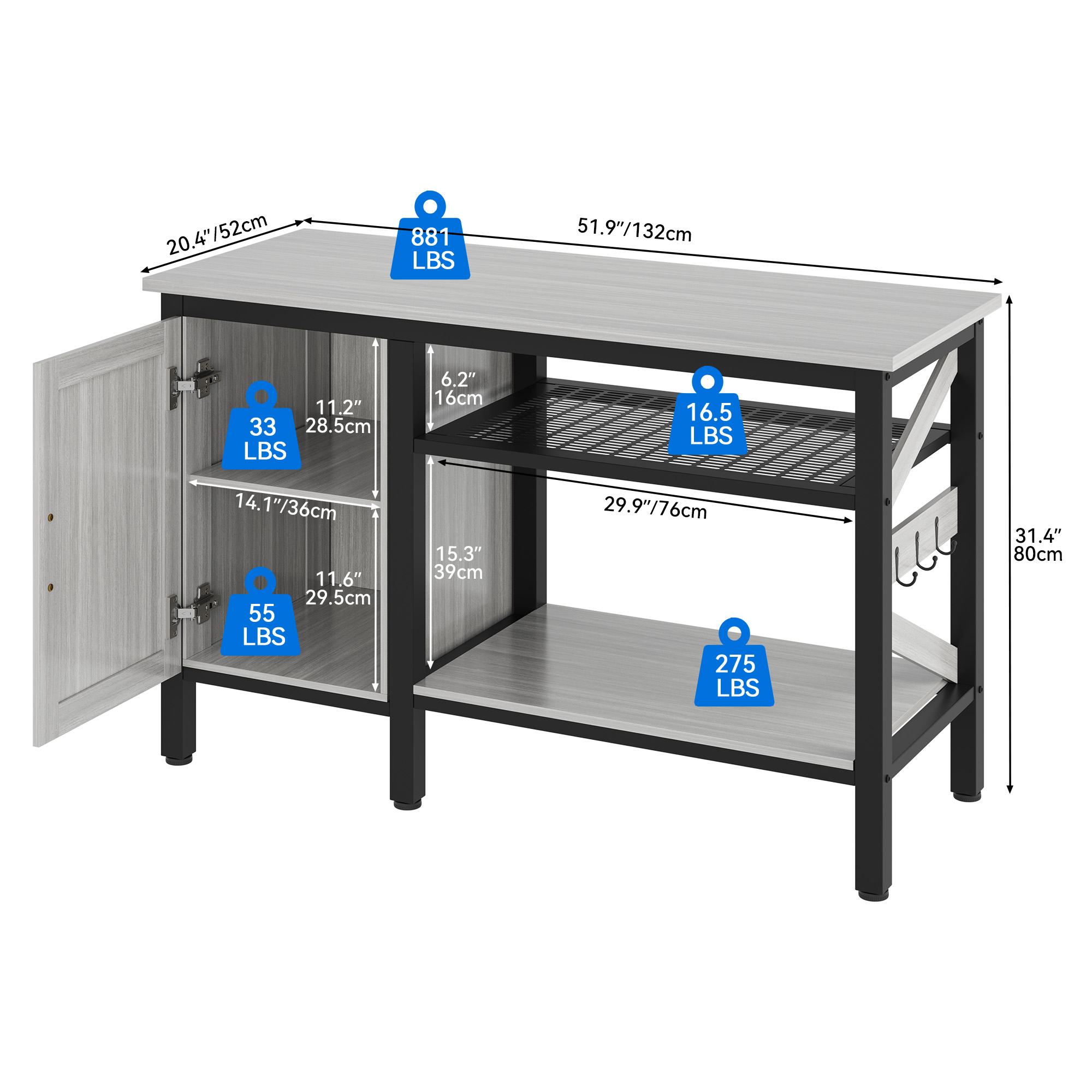 Dextrus 55-75 Gallon Large Aquarium Stand,Heavy Duty Metal Fish Tank Stand with Cabinet Accessories Storage,Ideal for Fish Tanks, Turtle Tanks,Gray