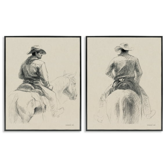 Stupell Industries Sketched Cowboy on Range People Drawing Black Framed Art Print Wall Art, 11 x 14, Set of 2