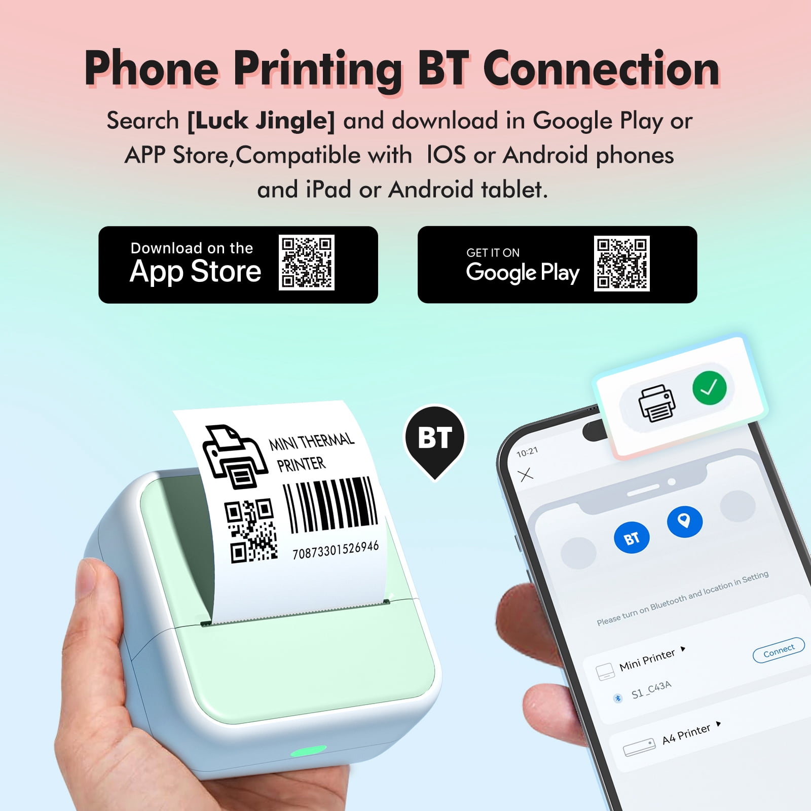 Mini Pocket Printer Portable Thermal Instant Photo Printing Label Maker Machine BT Wireless Connect Compatible with Android / iOS APP Support Receipt Label Memo Sticker Notes Lists Scrapbook DIY