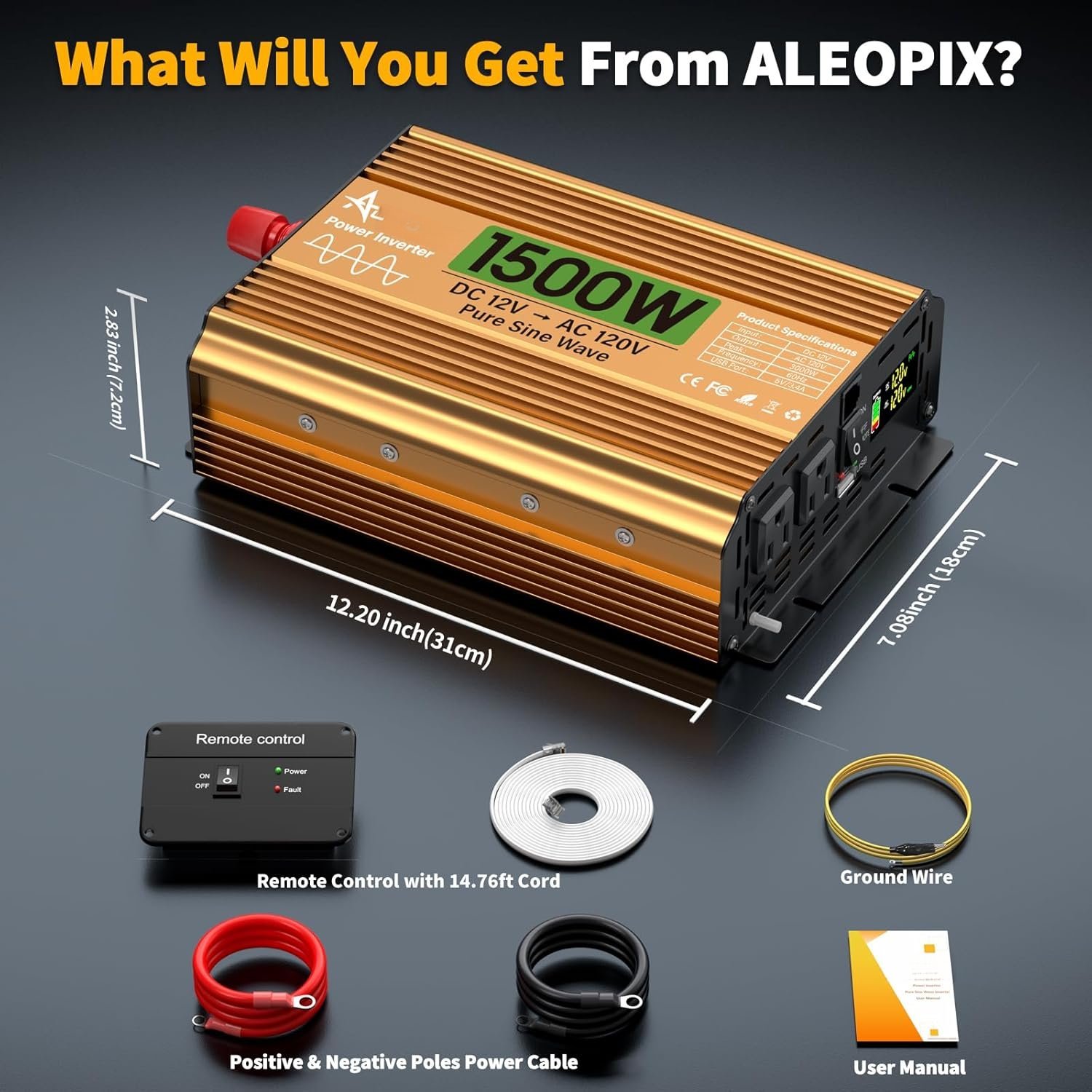 1500 Watt Inverter 12V DC to 110V/120V AC, Pure Sine Wave Inverter for /RV//Solar/Off-Grid, Surge 3000W Pure Sine Power with 2 AC Sockets, 5V 3.4A USB, Digital Display, Remote Controller