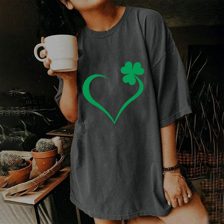 HAPIMO St.Patrick's Day Shirts for Women Clover Heart Print Tops Short  Sleeve Tees Crewneck T-shirt Comfy Casual Loose Blouses Fashion Drop  Shoulder