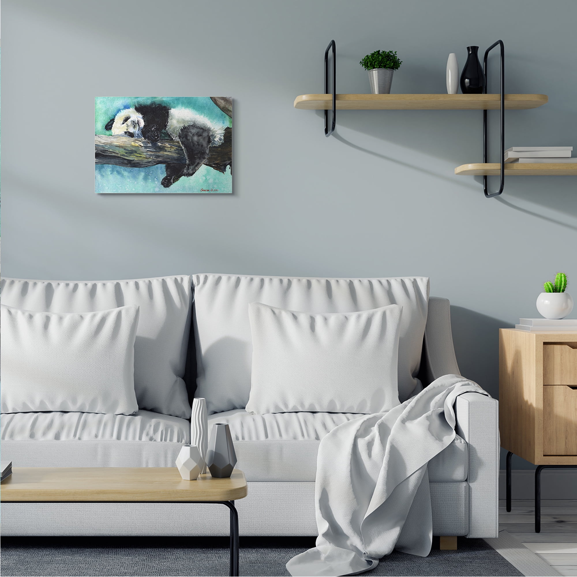 Stupell Industries Sleepy Baby Panda in Tree over Vibrant Blue Canvas Wall Art, 16 x 20, Design by George Dyachenko