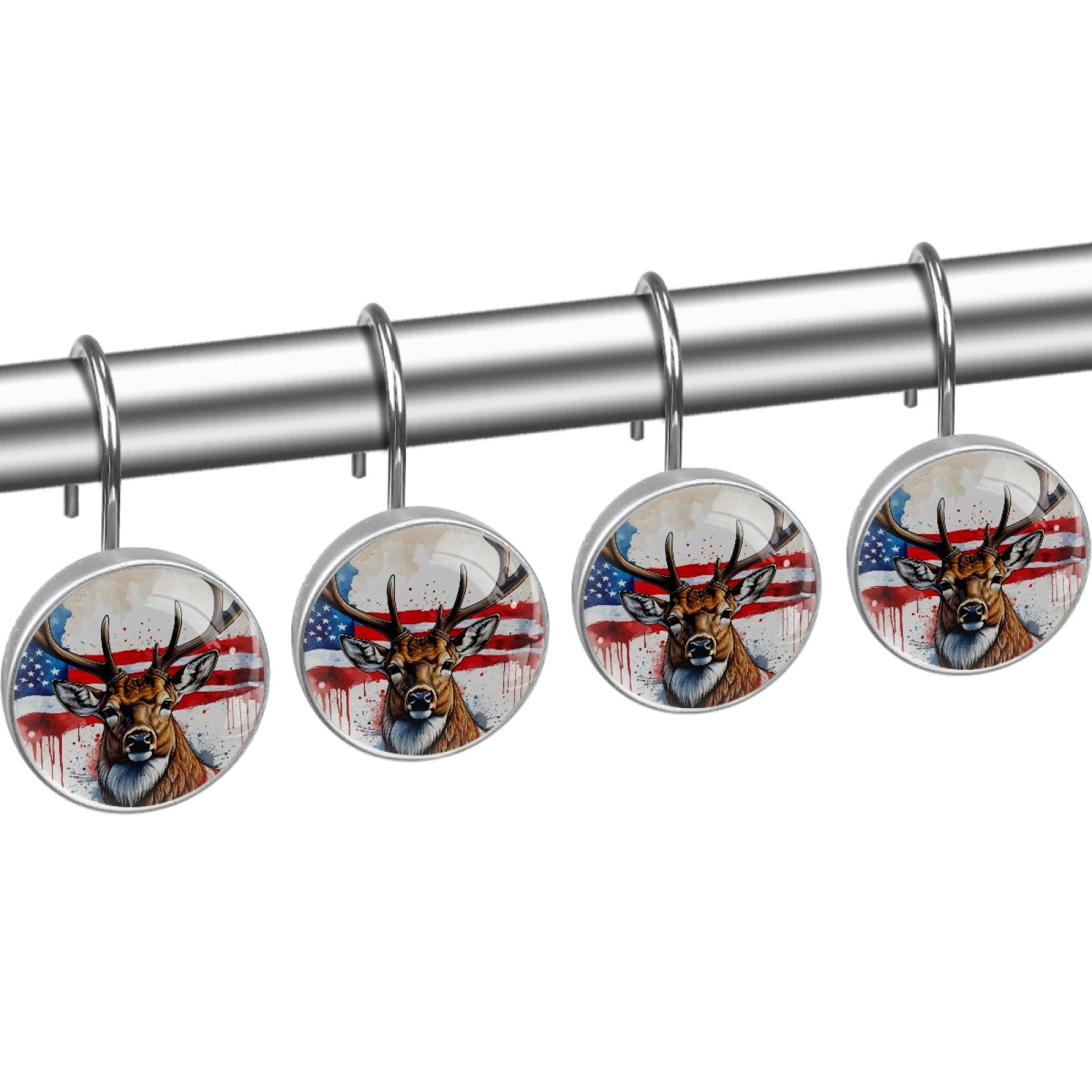 Deer and American Flag Shower Curtain Hooks （Set of 12） for Home Hotel Shower Rods Bathroom Crystal Glass Print Stainless Steel Round Curtain Hooks