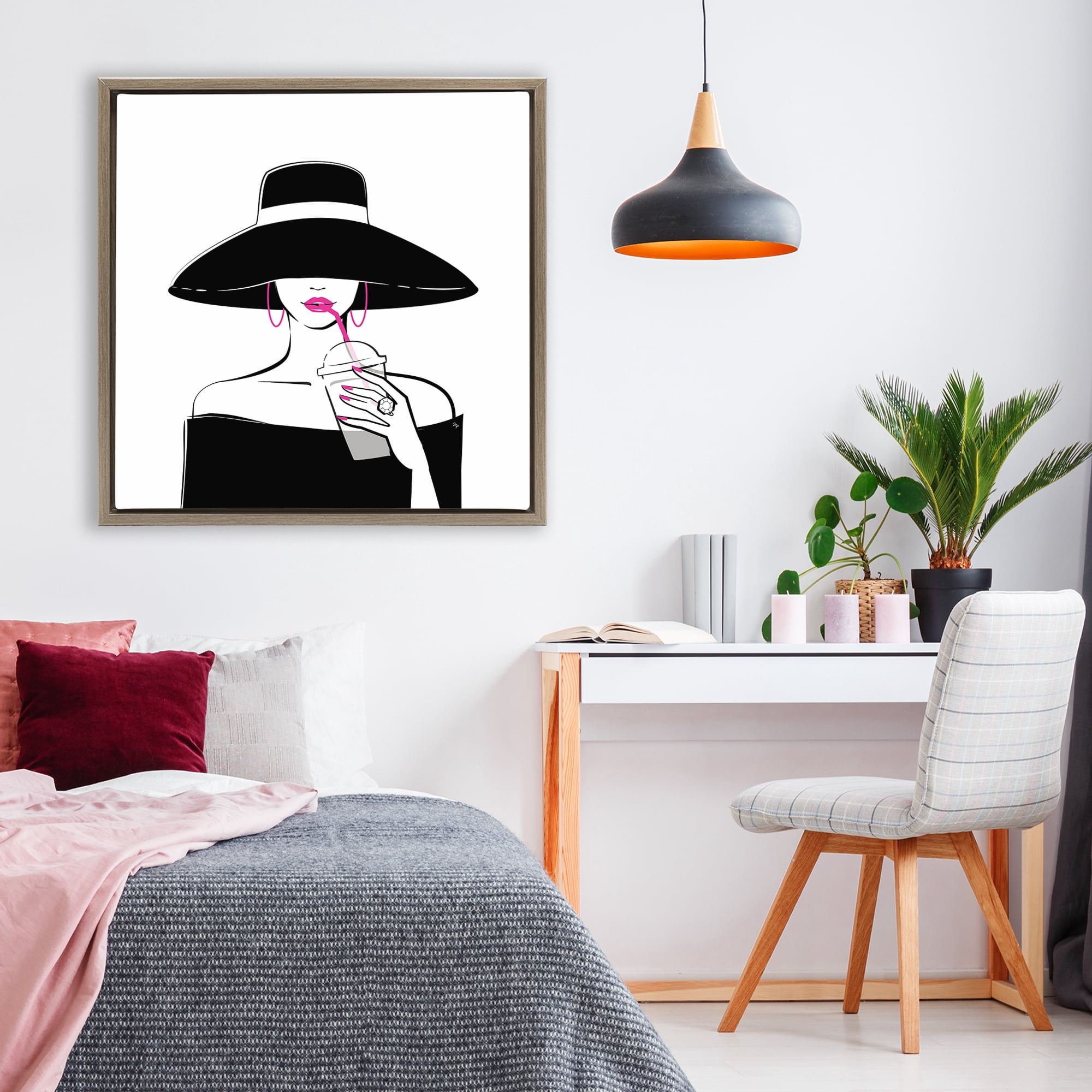 Stupell Industries Chic Black Hat Sipping Coffee Brown Framed Floater Canvas Wall Art, design by Martina Pavlova