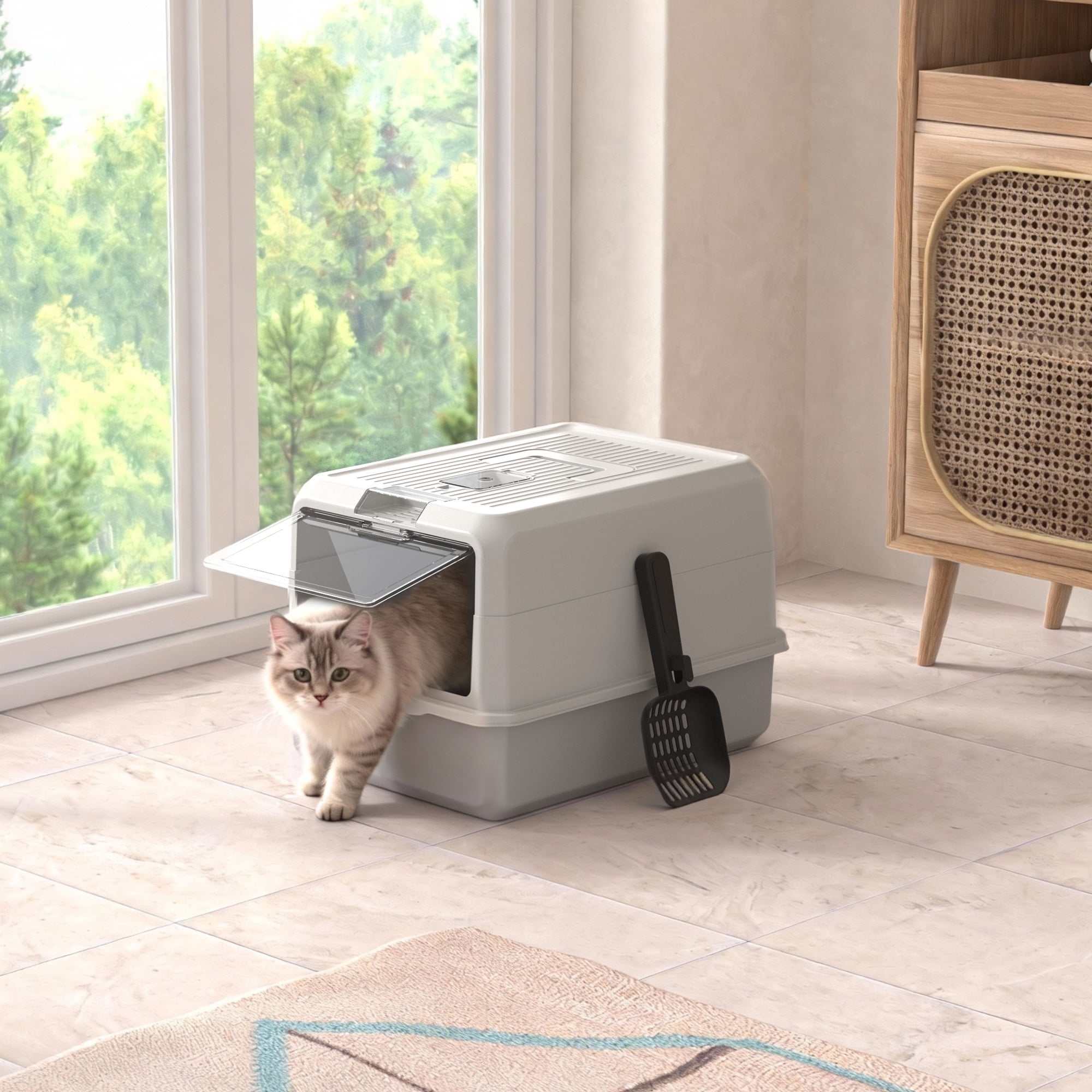 Cat Litter Box Enclosure Large Litter Box with Front Door Flap and Scoop Plastic Gray