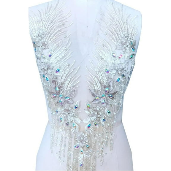 Handmade Rhinestone Applique: 3D Lace Applique Beaded Embroidered Trim - Bodice Applique, Rhinestone Fabric Patches for Sewing Clothes Wedding Bridal Dress Decorative (White)