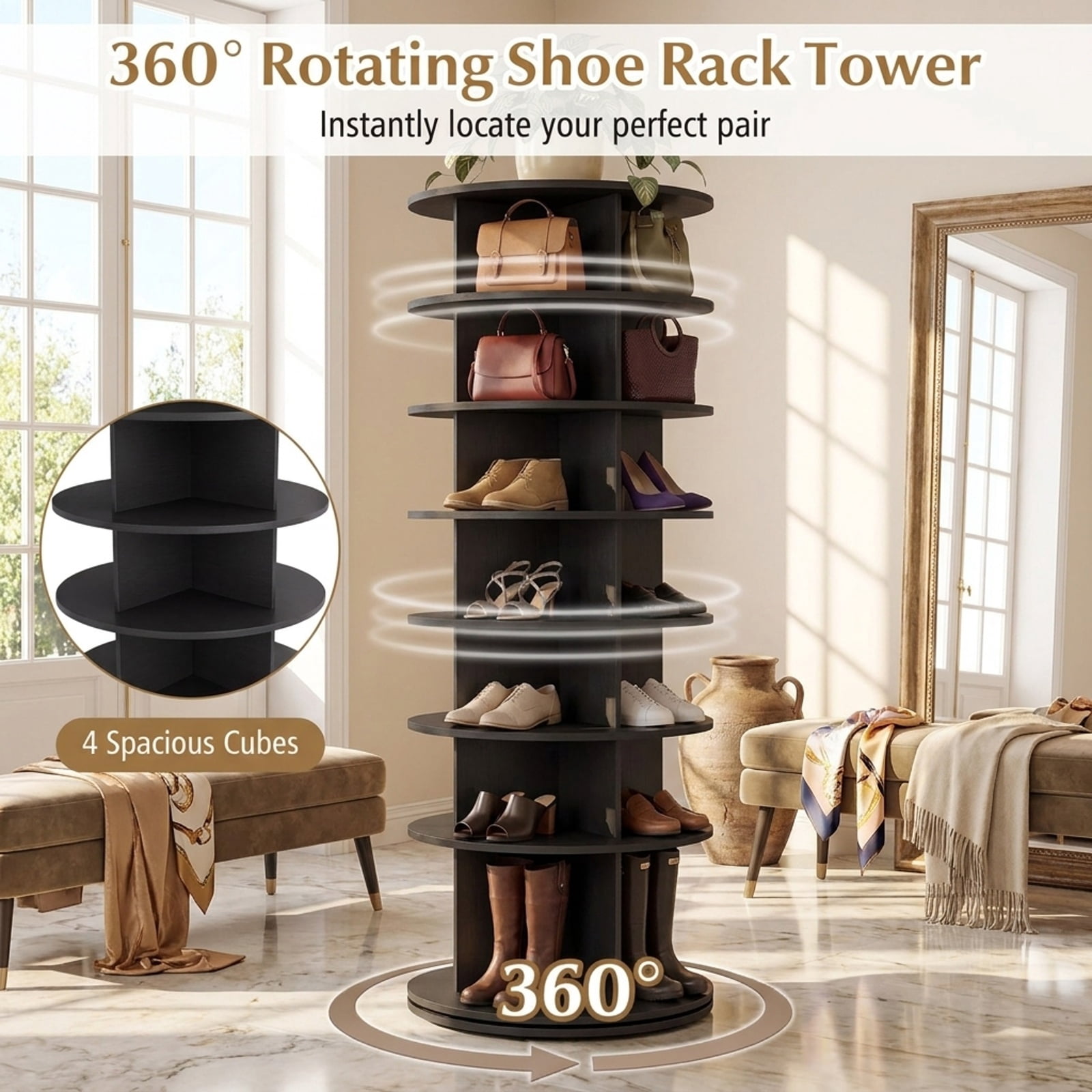 Furnibear 7 Tier Rotating Shoe Rack Tower Freestanding Spinning Shoe Organizer for Entryway Closet and Bedroom Corners, Black