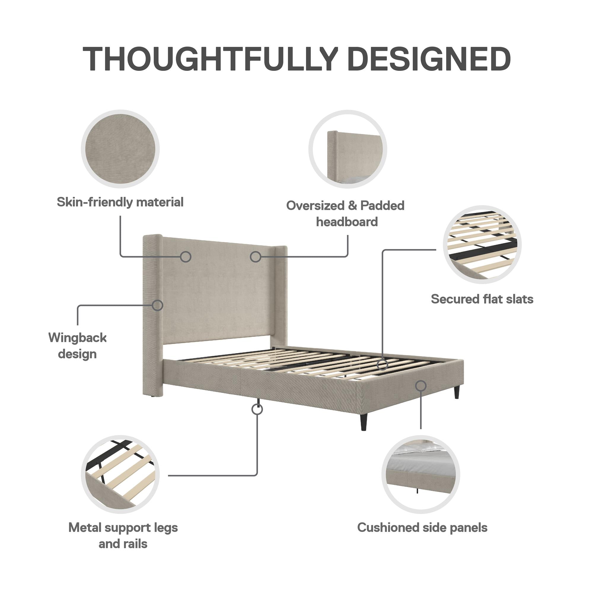 DHP Eveline Upholstered Platform Bed Frame with High Wingback Headboard, Queen, Soft Woven Light Gray