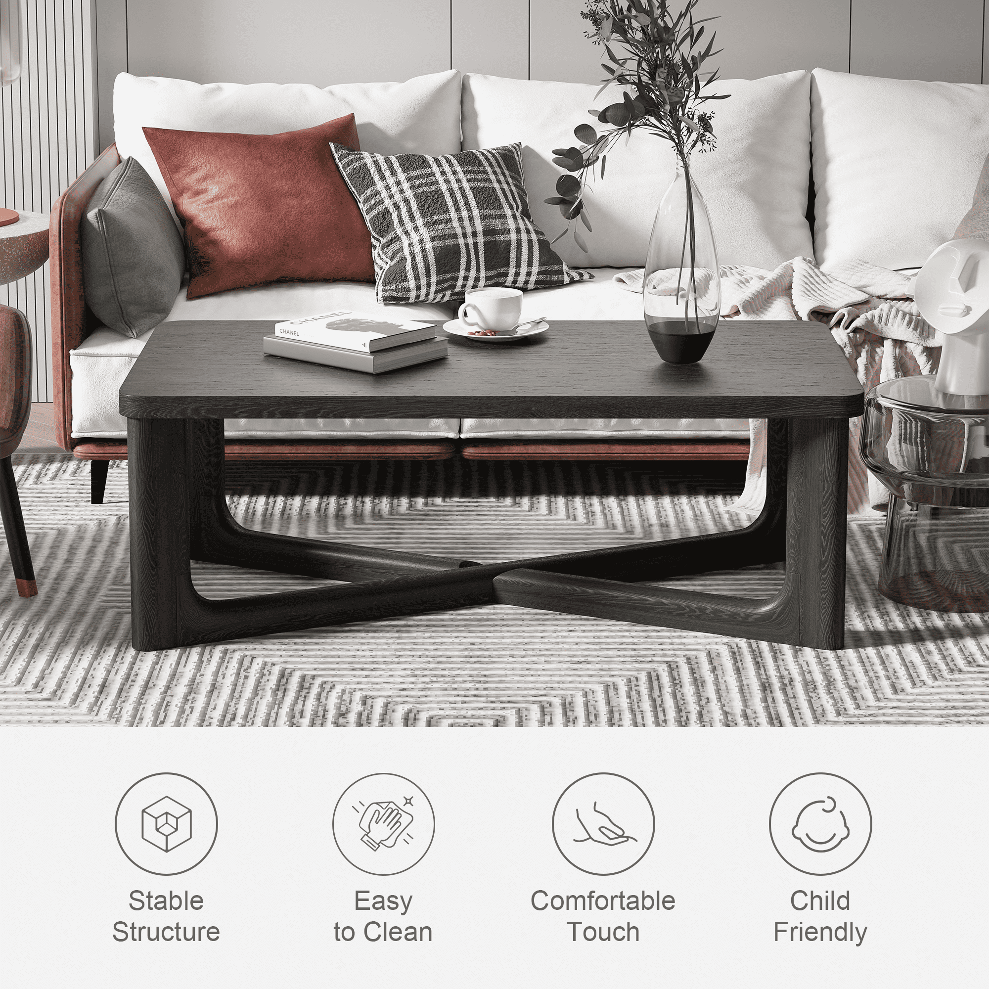 MAYEERTY 55” Rectangular Wood Coffee Table with Storage for Living Room, Black