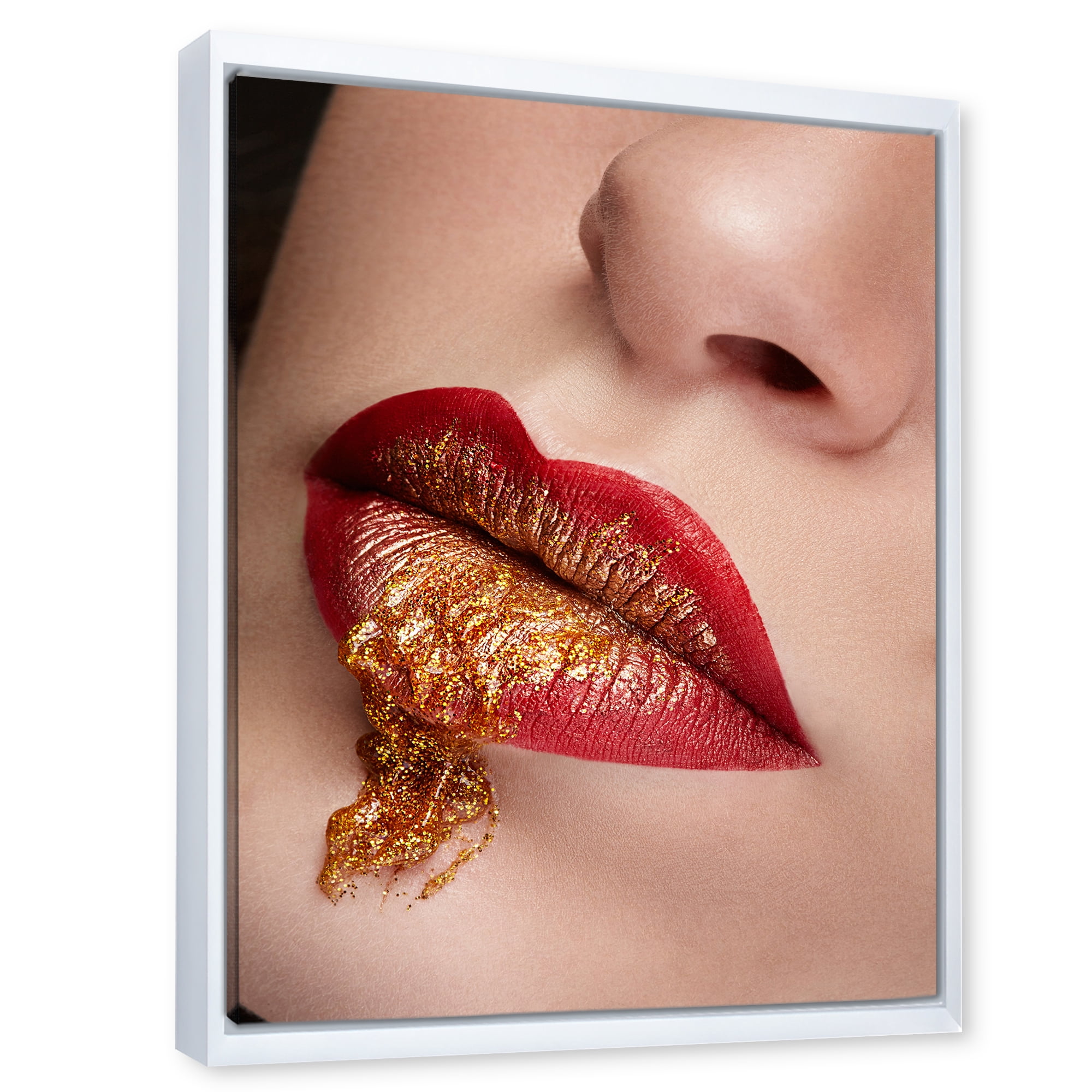 Designart 'Close Up Lips With Gold and Red Make Up' Modern Framed Canvas Wall Art Print