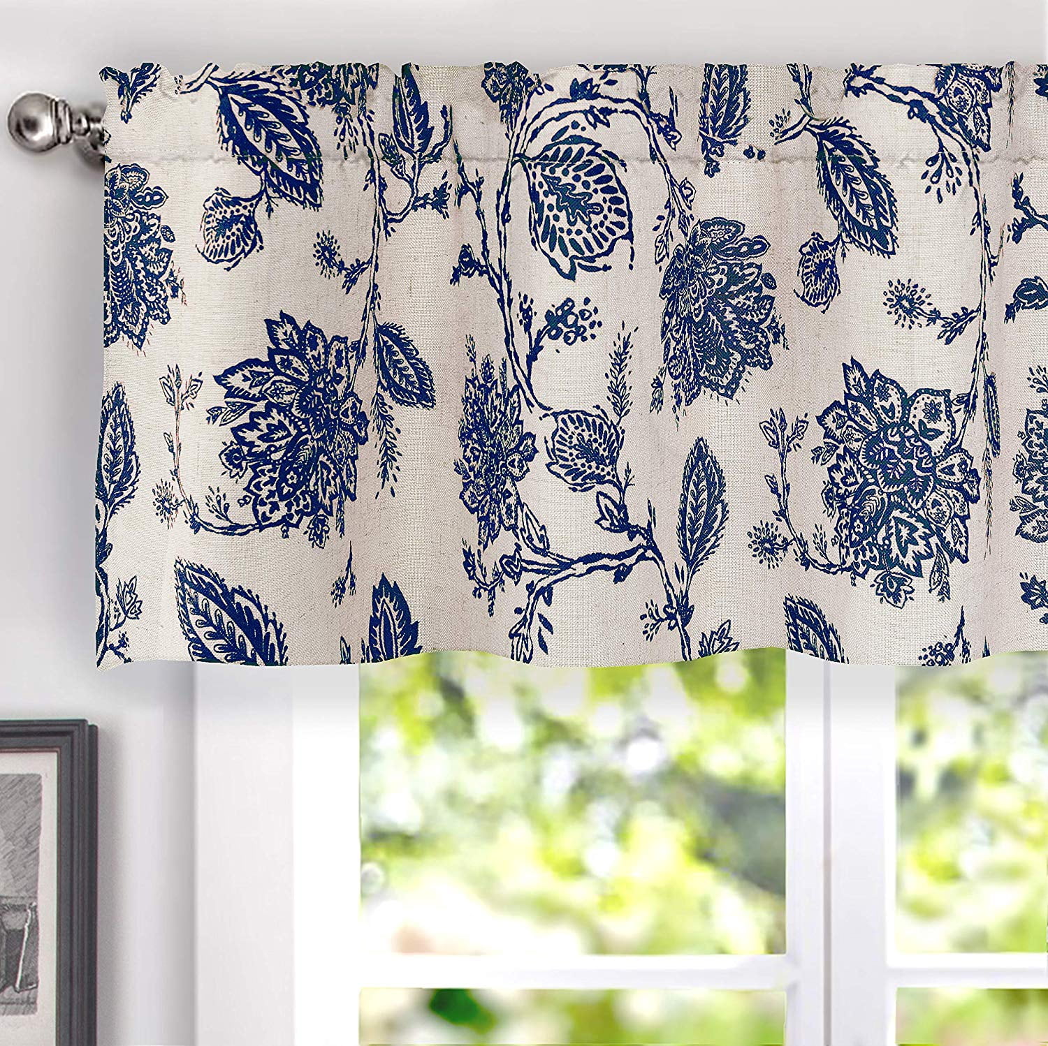 DriftAway Freda Jacobean Floral Linen Blend Blackout Thermal Insulated Energy Saving Privacy Window Curtain Valance Rod Pocket 2 Layers Single 50 Inch by 18 Inch plus 2 Inch Header Navy Beige
