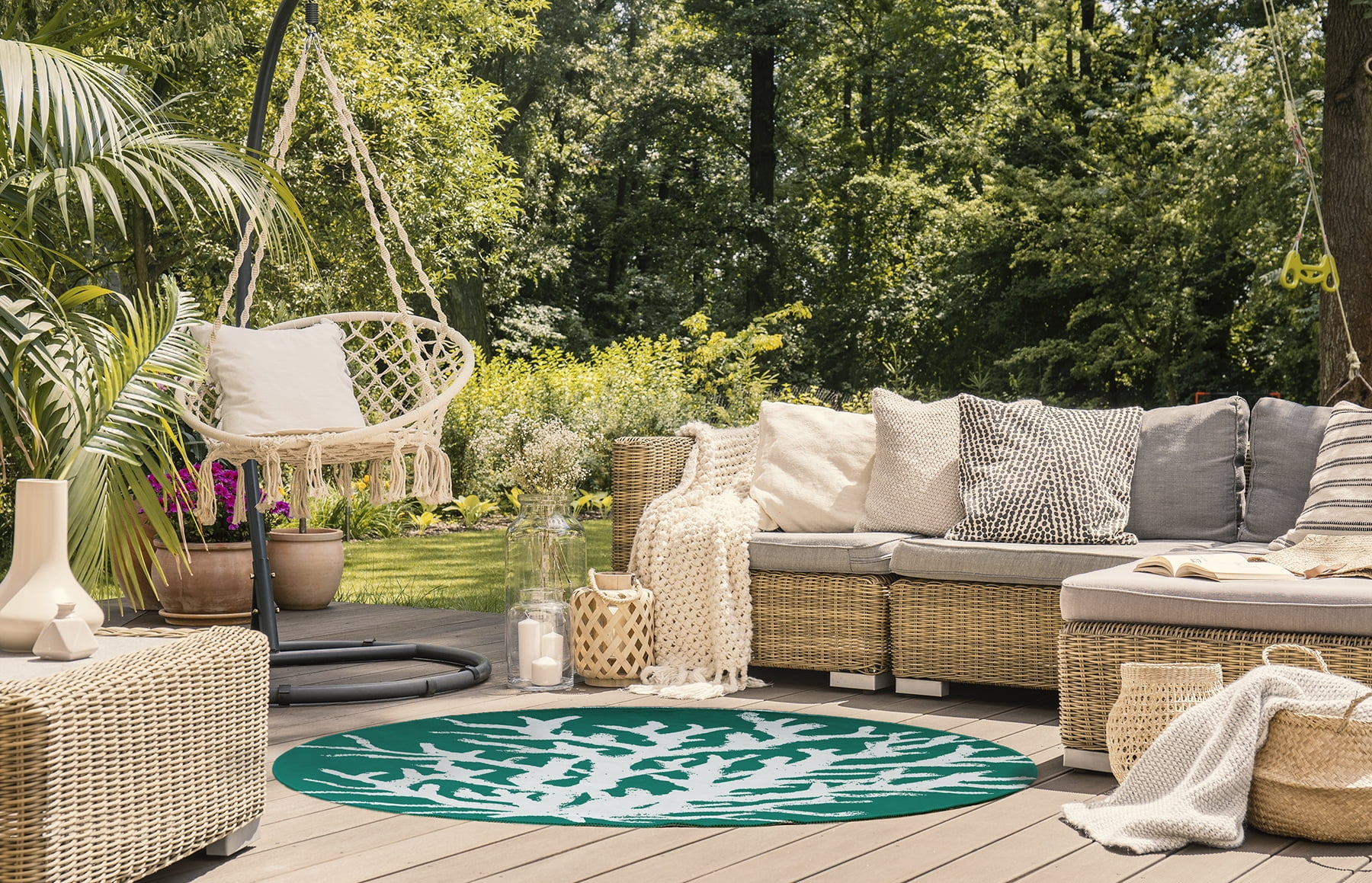 5' Round Simply Daisy Big Seaweed Beach Style Chenille Area Rug, Kelly Green