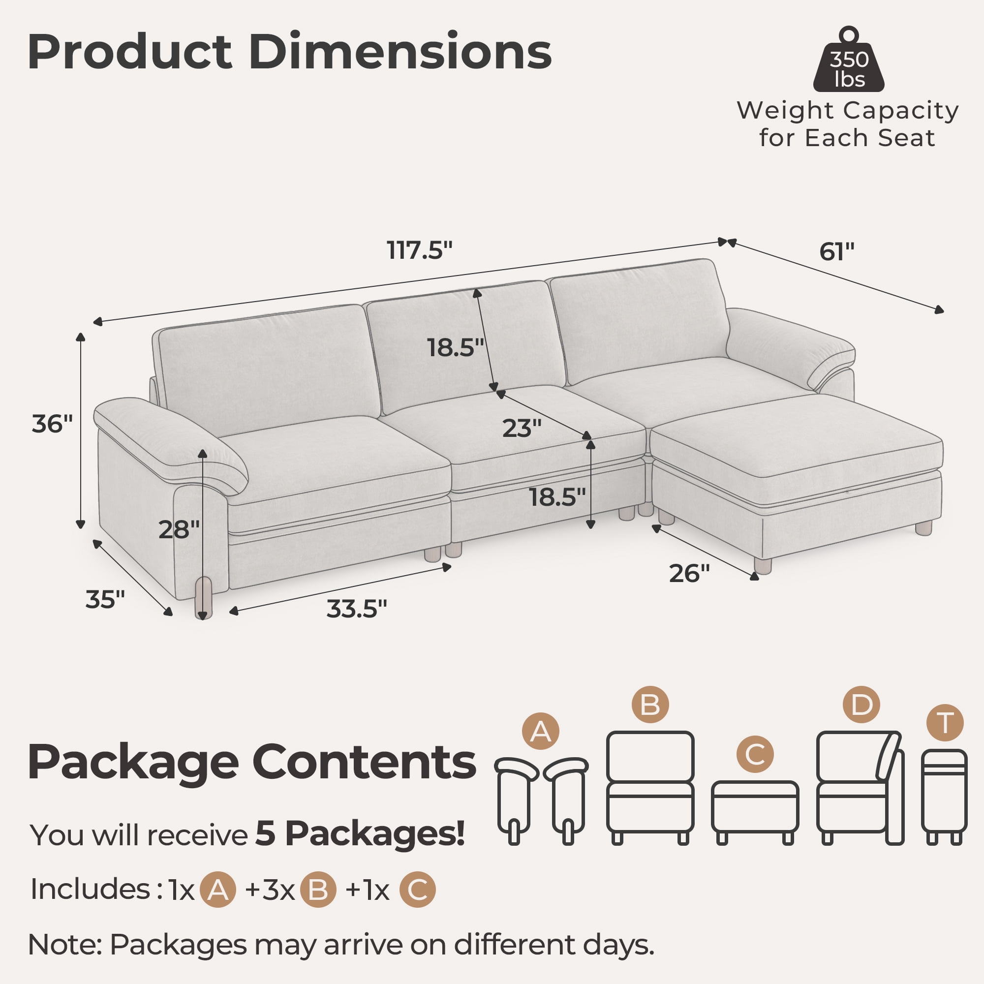 Modular Sectional Sofa with Removable Washable Covers, Oversized Deep Seat 3 Seater L Shaped Couch with Storage Ottoman, Chenille in Light Gray