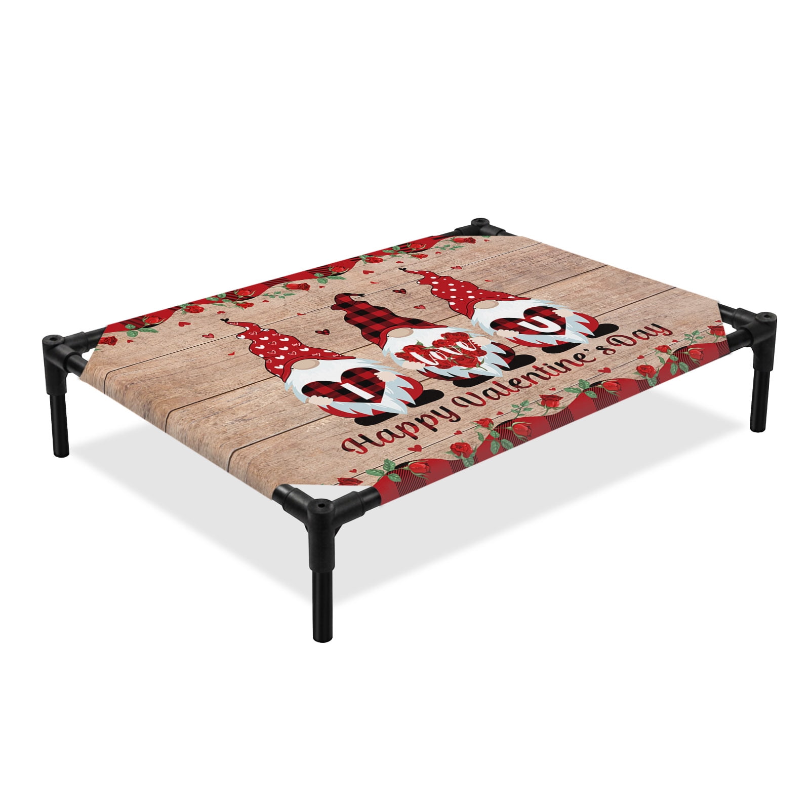 Happy Valentine s Elevated Dog Bed Day Gnomes on Rustic Wood Grain Cooling Breathable Outdoor Raised Dog Cot Bed with Metal Frame Non-Slip Feet for Medium Dog 24x20in