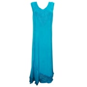 Mogul Women's Sleeveless Beach Dress Floral Embroidered Blue Maxi Sundress M