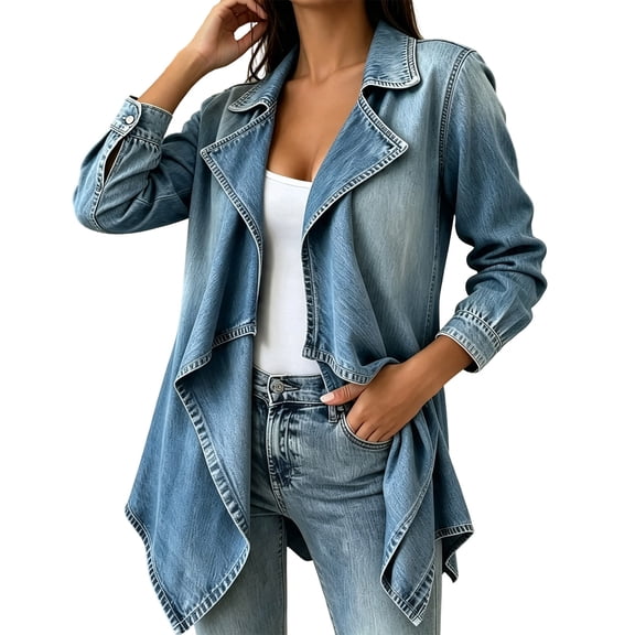 Xinoom Women Long Sleeve Lapel Waterfall Open Front Jacket, Asymmetric Draped Hem Lightweight Coat, Stitch Detail Casual Loose Fit For Daily Going‑Out Outerwear Blue,L