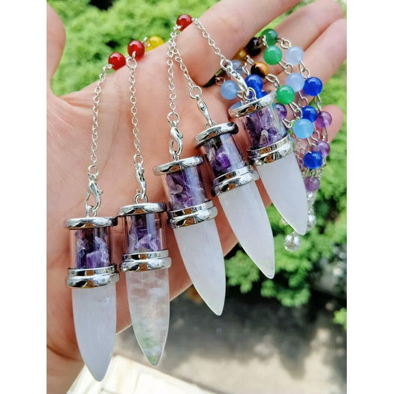 K-KED 5pcs Rock Quartz Amethyst Chakra Pendulum Pendants Energy Reiki Healing Amulet
