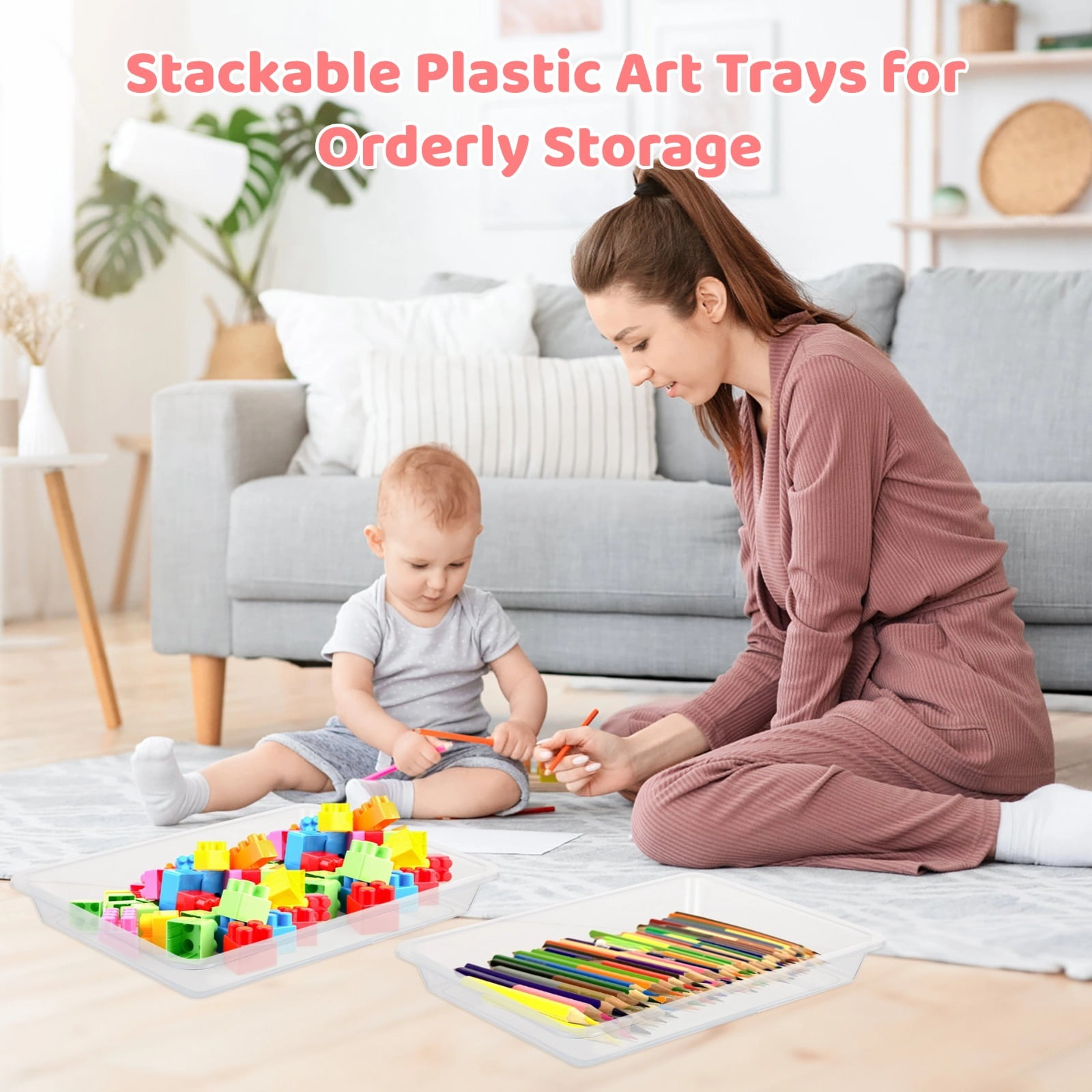 24 PCS Activity Plastic Art Trays, 11 x 8.3 x 1.2 Inches Flat Storage Tray Serving Organizer Trays, Stackable Bins for Painting Beads Office School DIY Projects