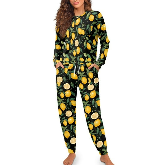 FOR U DESIGNS Black Lemon Pajama Sets for Women 2 Piece Long Sleeve Crew Neck Tops and Pants 2 Piece Size Small Drawstring Pajamas Pants with Pockets Sleepwear for Women