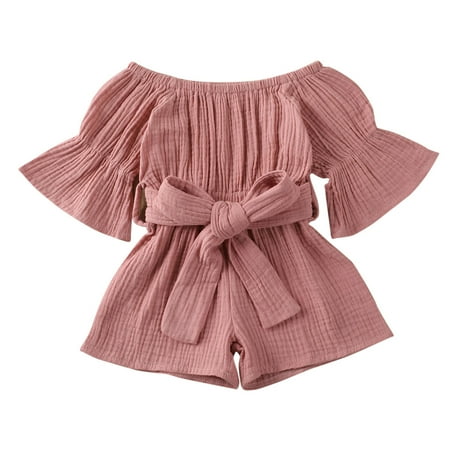 

Qiylii Baby Girls Playsuit Solid Color Off shoulder Short Flared Sleeves Romper
