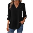 thumbnail image 3 of Women's V Neck Button Down Long Sleeve Top Shirt Blouse Solid Color Loose Fit Casual Business Casual Work Office Vacation Travel Fashion Essential Gift for Women | Sopatenor,Black XL, 3 of 9