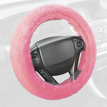 BDK Faux Fur Steering Wheel Cover for Women â€“ Wool Sheepskin Fluffy Fleece Warm and Cozy Comfort for Hands in Winter, Universal Fit for Steering Wheel Sizes 14.5 15 15.5 (Faux Fur - Pink)
