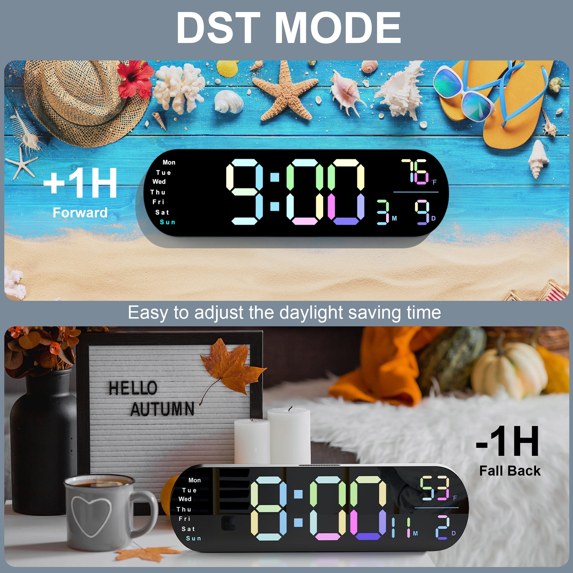 Hansang Digital Wall Clock with Remote Control, Auto-Dimming and 9 Colors, The Large Digital Clock Features a 13.7-In Wide Display