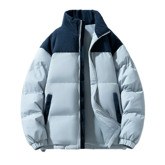 JUUYY Men's Puffer Jacket Thickened Winter Coat Warm Stand Collar Long Sleeve Color Block Zip Up Insulated Jacket Windproof Padded Coats Light Blue XXL
