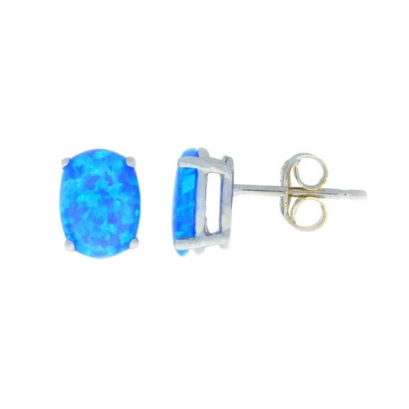 14Kt White Gold Blue Opal Oval Stud Earrings