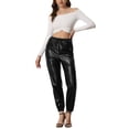 thumbnail image 2 of INSPIRE CHIC Athleisure Pants for Women's Drawstring Elastic Waist Ankle Length PU Faux Leather with Pocket Pant Black S, 2 of 5