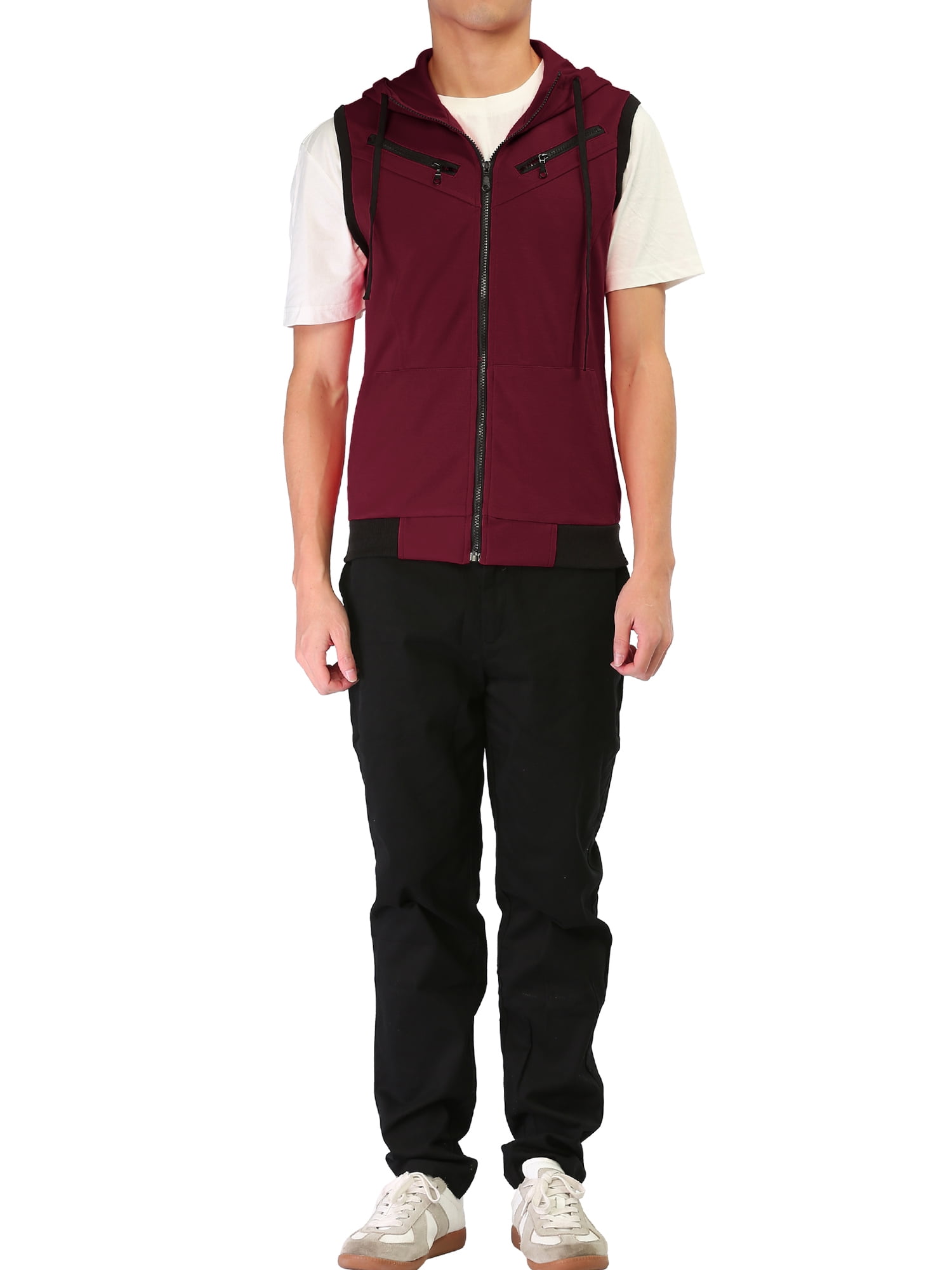 Unique Bargains Men's Sleeveless Zip Up Drawstring Hooded Vest 46 Burgundy