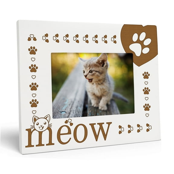 Darling Souvenir Made With Love Engraved Table Top Photo Frame Wooden Meow Quotes White Picture Frame Gift For Brothers Day, 4x6 Inches Horizontal Photo Size
