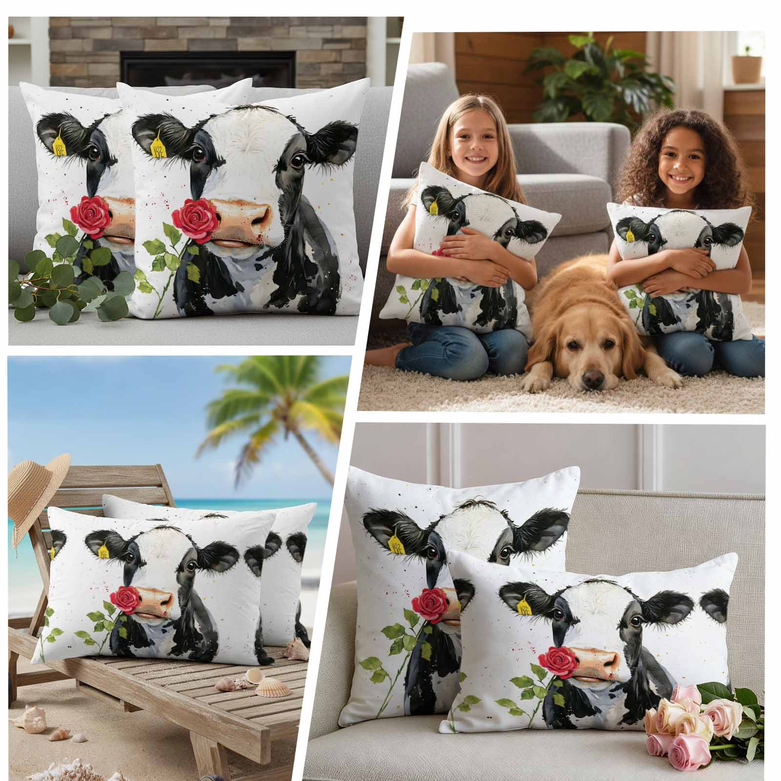 Black White Cow Outdoor Waterproof Pillow Covers, Spring Farmhouse Animals Printed Red Floral Decorative Square Throw Pillowcase Sofa Cushion Sham for Patio/Couch/Chair, 26"x26" 2 Pack