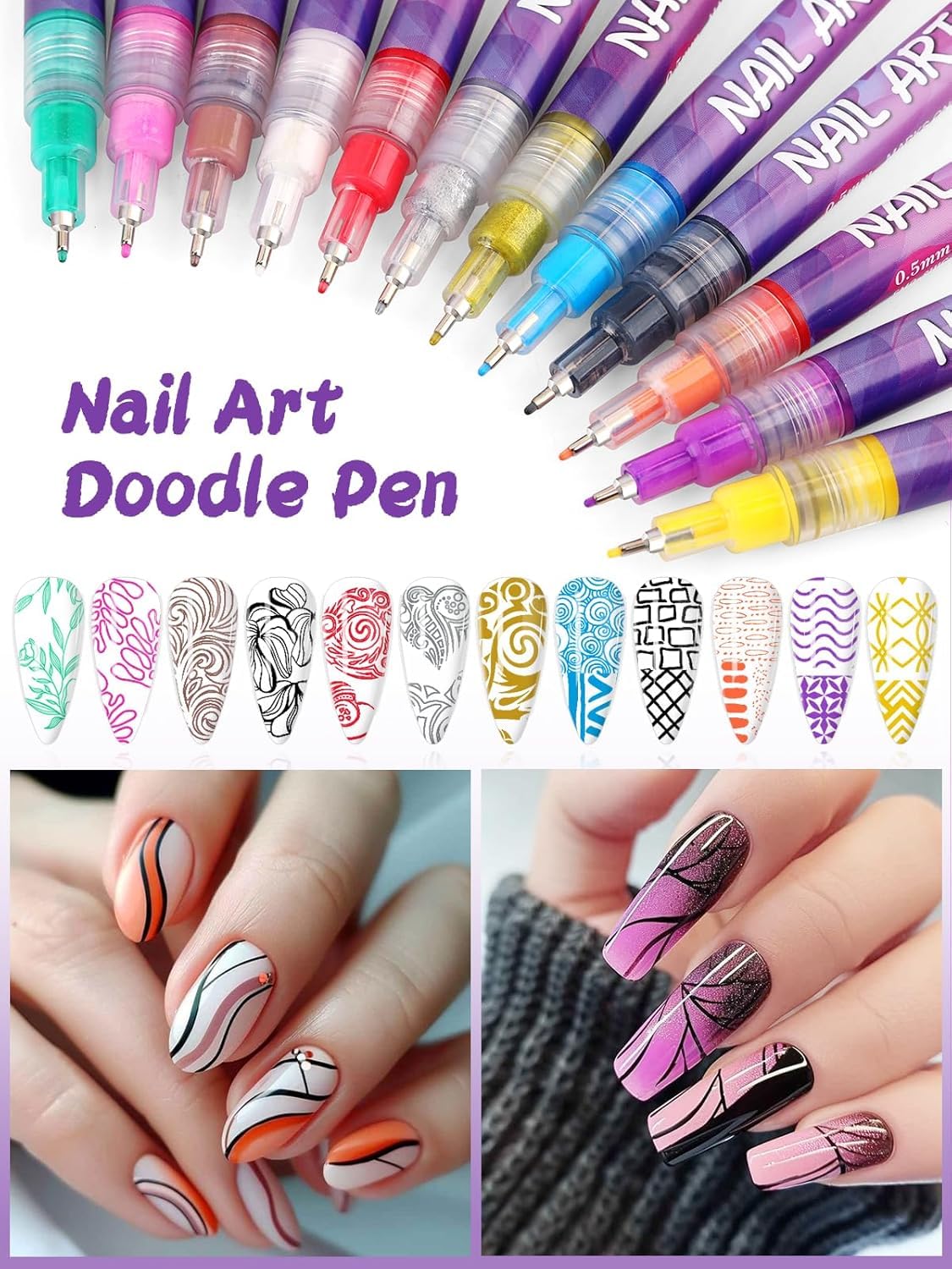 12 Colors Nail Art Pens Set, 0.5MM Nail Polish Pens with Drawing Painting Point Liner, Waterproof Quick-Drying Acrylic Nail Paint for DIY Nail Art Design