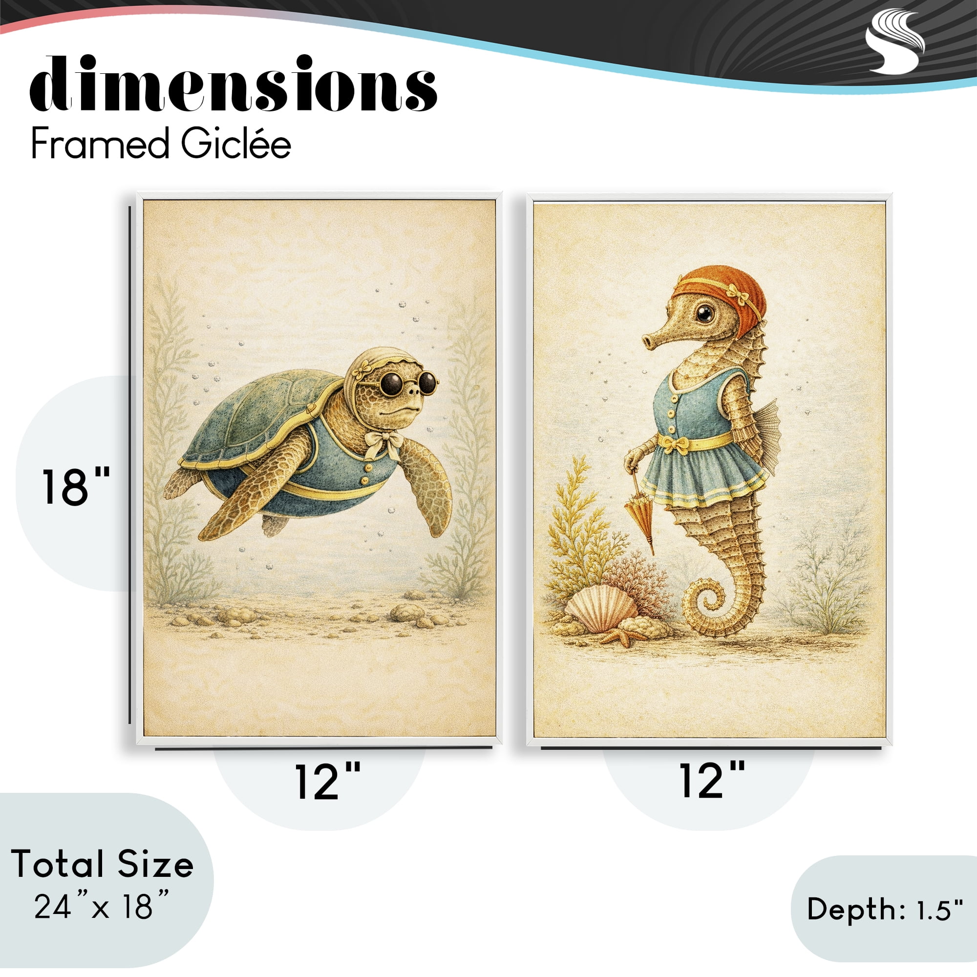Stupell Industries Vintage Maritime Bathing Animals 2 Piece White Framed Giclee Art Set, design by Grotto Studios