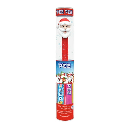 PEZ Candy Holiday Christmas Tube, 1 Candy Dispenser Plus 10 Rolls Assorted Fruit Candy, 1 Count, 2.9 oz