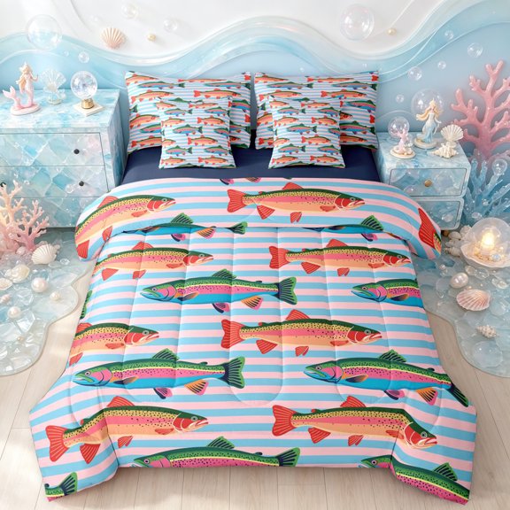Manfei Cartoon Trout Twin Bedding, Stripe Background Bedding Comforter Set, Blue Pink Orange, Blue Reversible, 7pcs