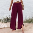 thumbnail image 3 of Linen Palazzo Pants for Women Spring Summer Smocked High Waist Wide Leg Asymmetric Ruffle Hem Flowy Beach Pants with Pockets, 3 of 6